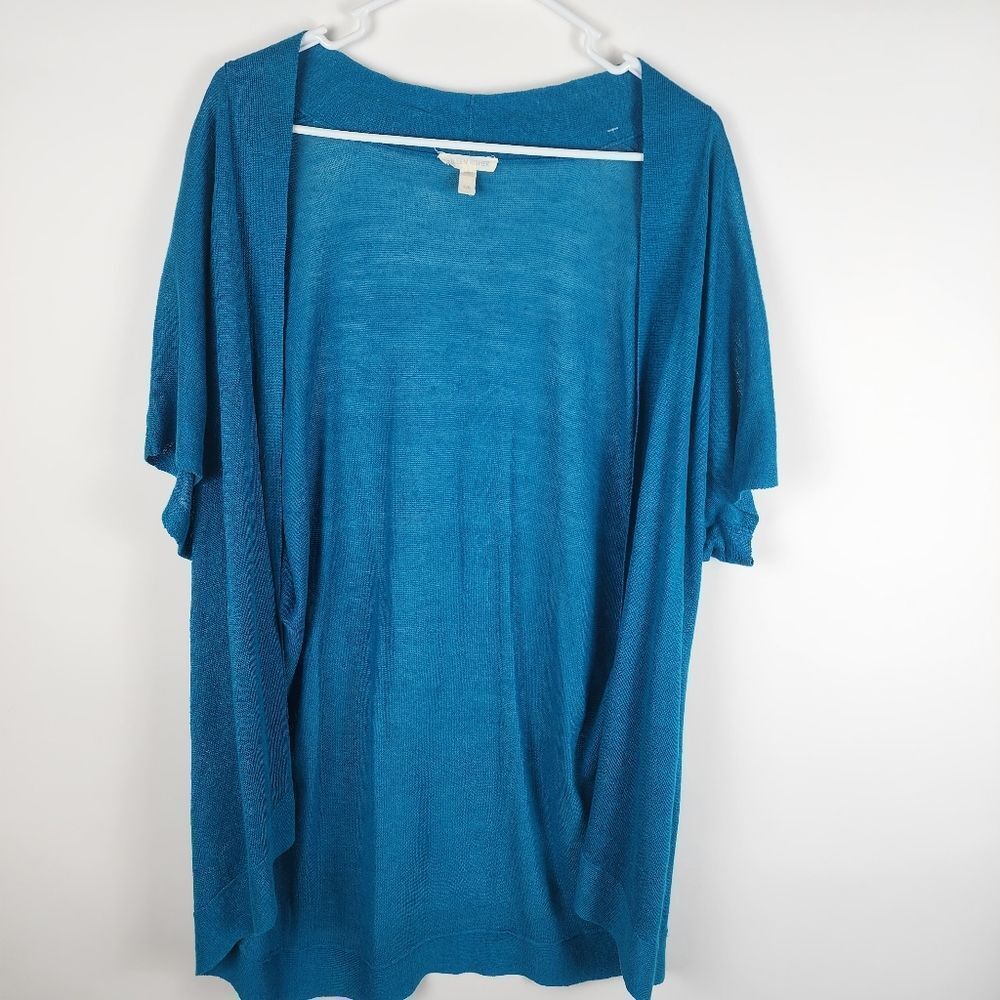 EILEEN FISHER WOMEN LARGE OPEN FRONT CARDIGAN SWEATER ORGANIC LINEN SHORT SLEEVE